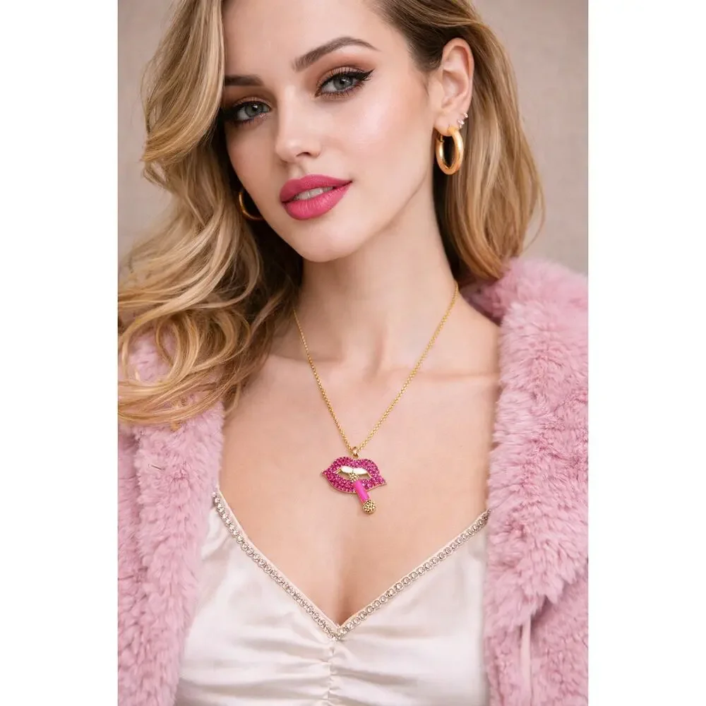 Betsey Johnson Smokin Lips Pink Rhinestone Necklace Gold Tone Statement NWT
